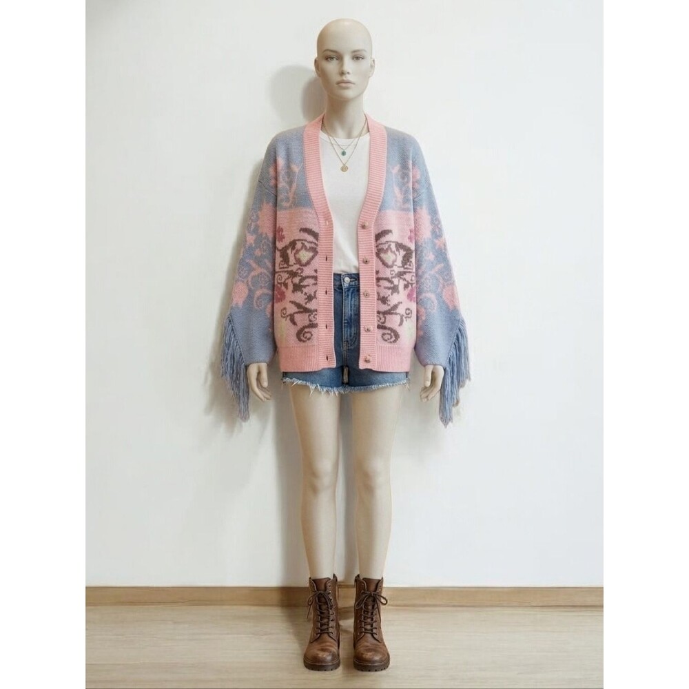 Nasty Gal Floral Fringe Knit Cardigan Pink Oversized Drop Sleeve NWT PTP 24"